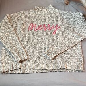 LOFT Gray Knit Sweater with Red 'Merry' Design